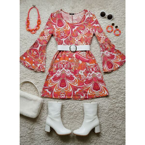 Women's MSK Pink Orange Paisley Bell Sleeve Psychedelic Dress